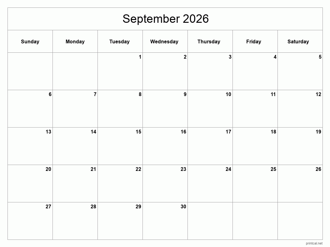 September 2026 Printable Calendar - Classic Blank Sheet
