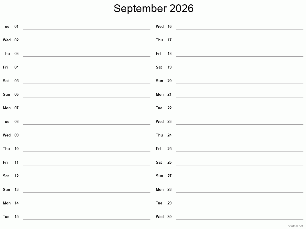September 2026 Printable Calendar - Two Column Notesheet