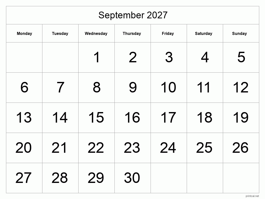 September 2027 Printable Calendar - Big Dates
