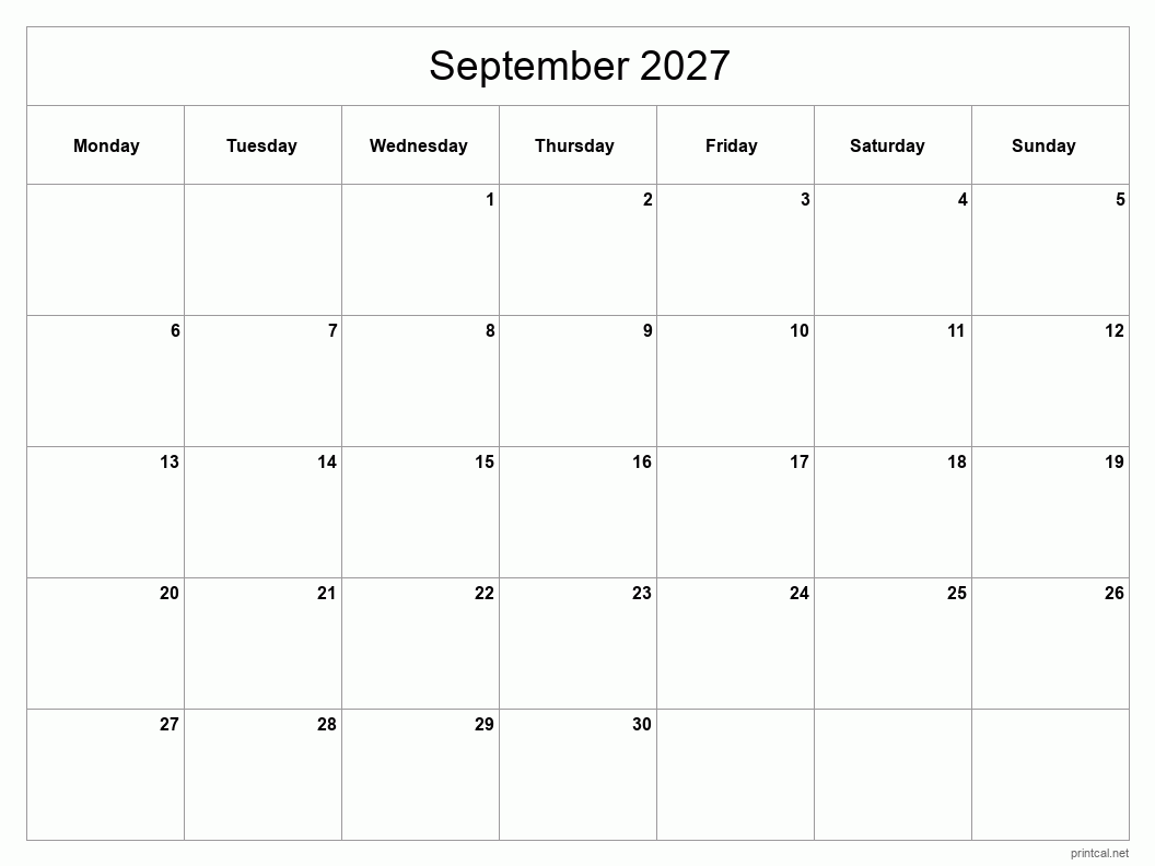 September 2027 Printable Calendar - Classic Blank Sheet