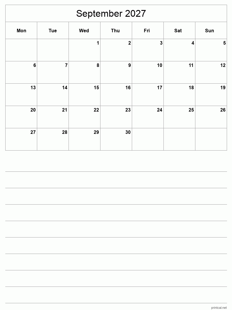 September 2027 Printable Calendar - Half-Page With Notesheet