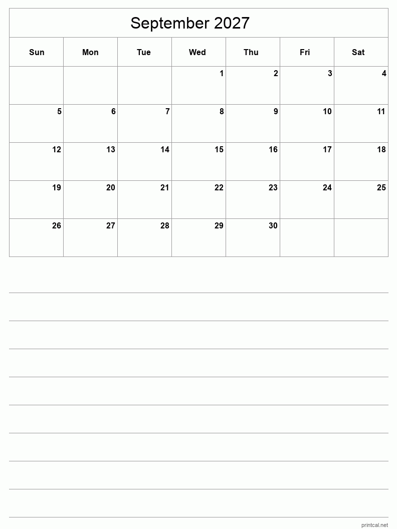 September 2027 Printable Calendar - Half-Page With Notesheet