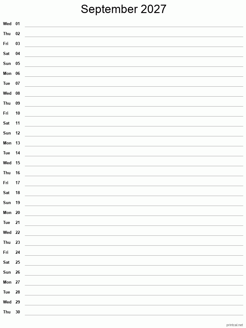 September 2027 Printable Calendar - Single Column Notesheet