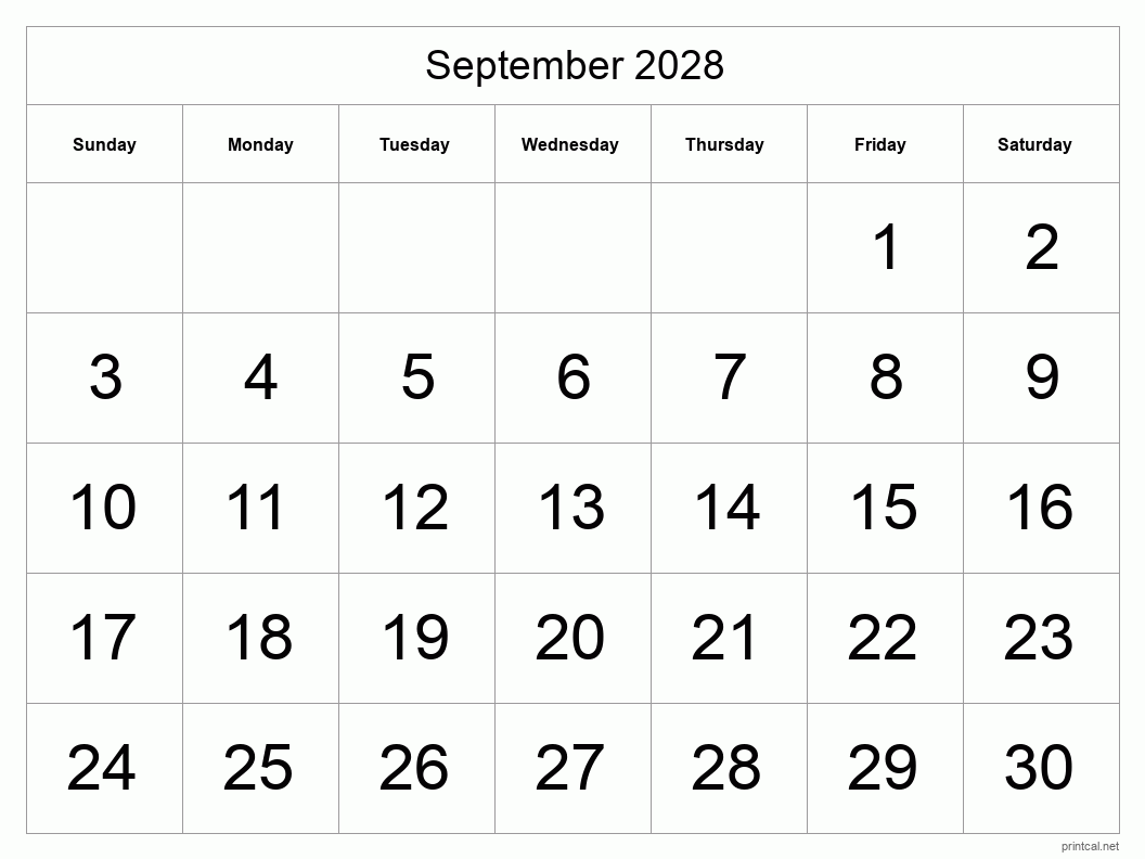 September 2028 Printable Calendar - Big Dates