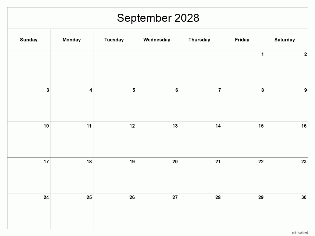 September 2028 Printable Calendar - Classic Blank Sheet