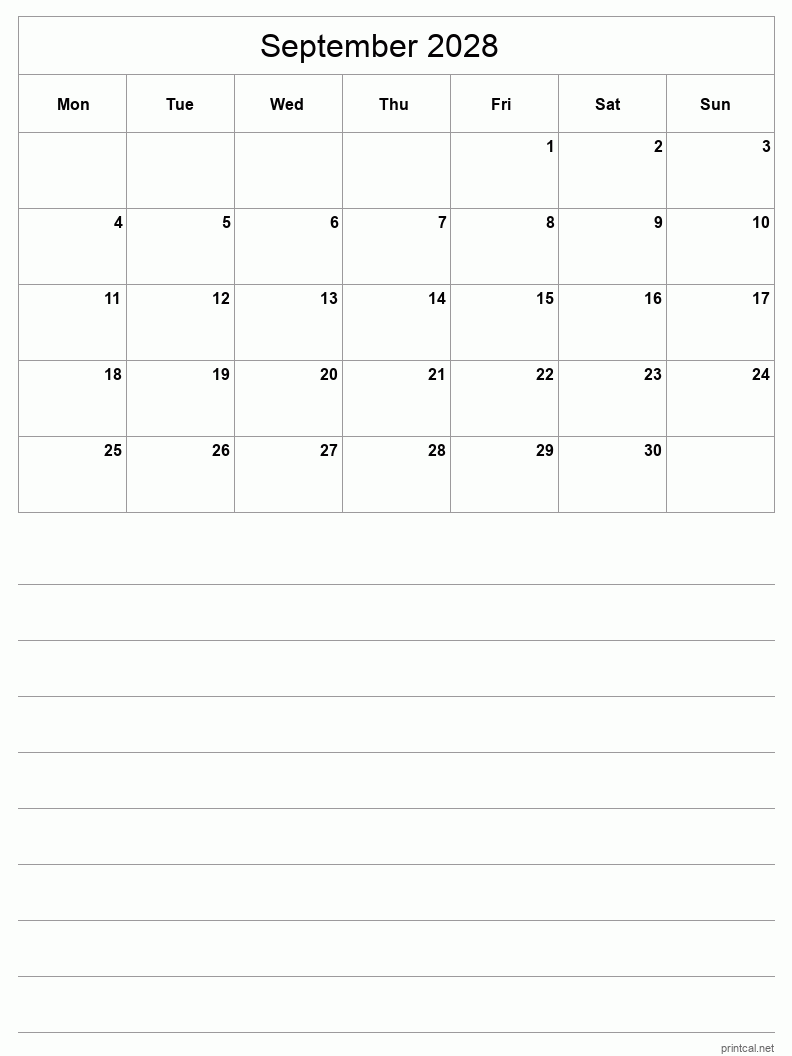 September 2028 Printable Calendar - Half-Page With Notesheet