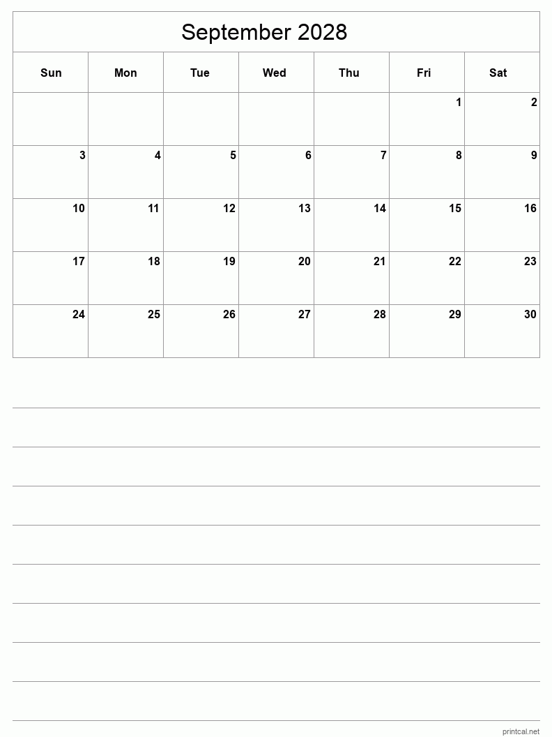 September 2028 Printable Calendar - Half-Page With Notesheet