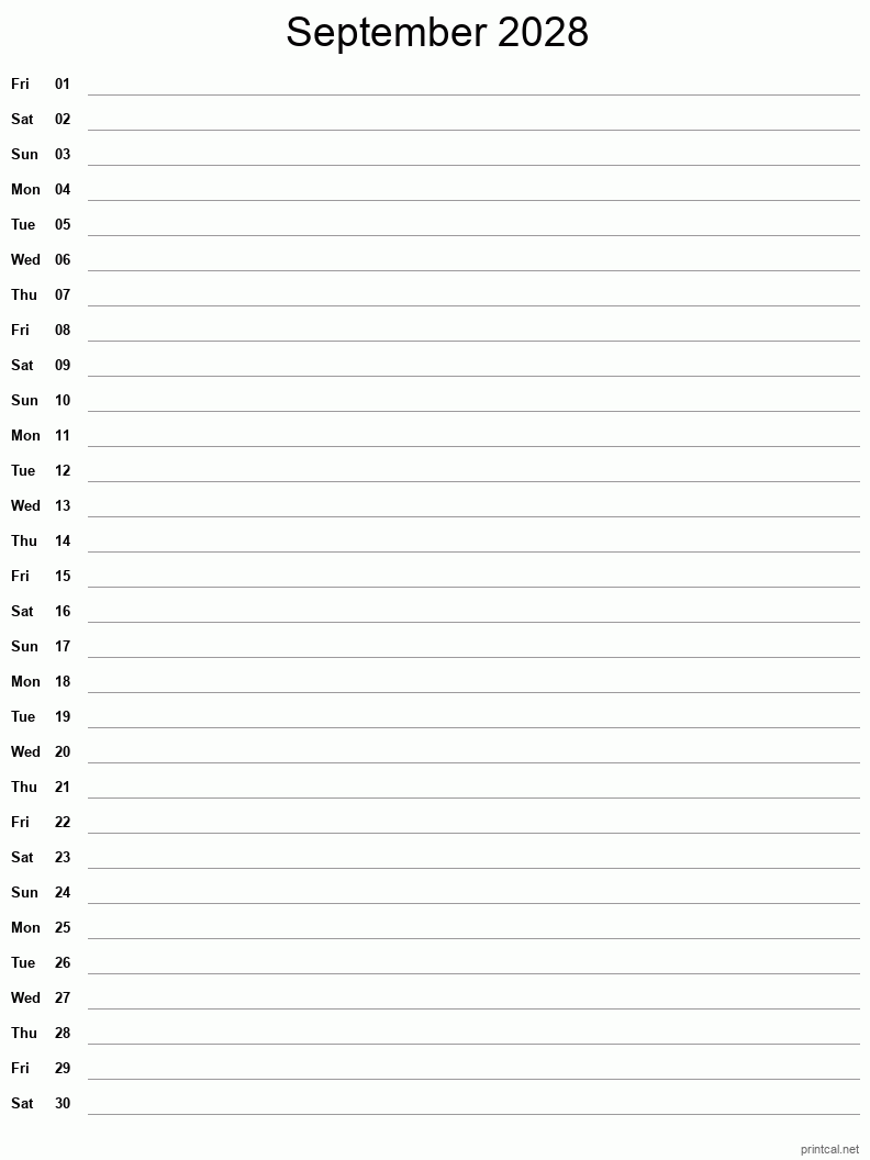 September 2028 Printable Calendar - Single Column Notesheet