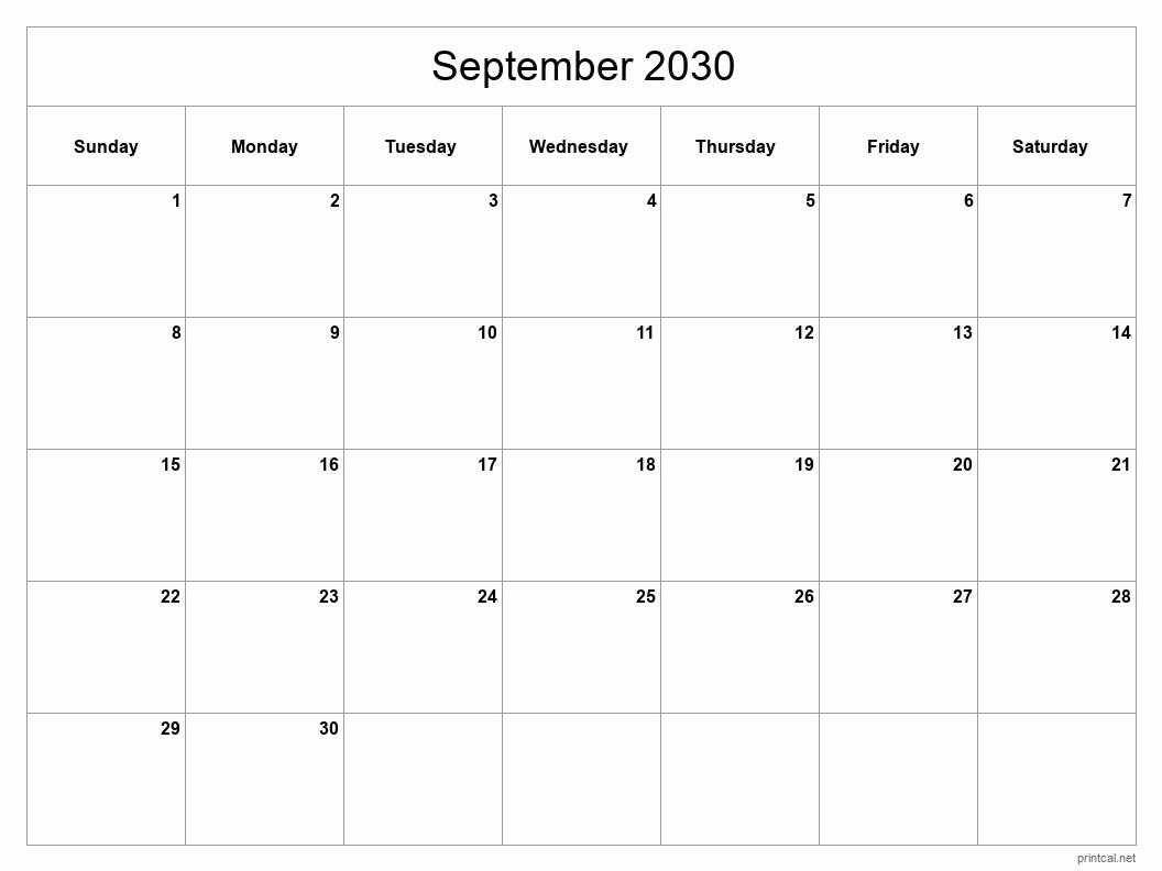 September 2030 Printable Calendar - Classic Blank Sheet