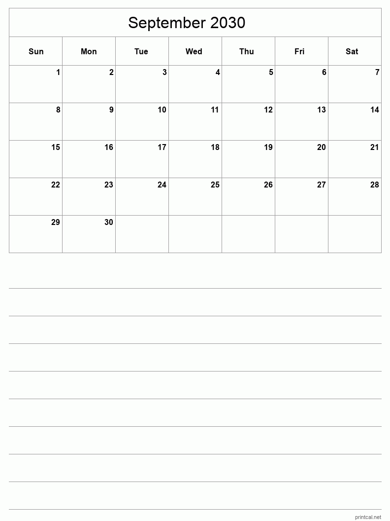 September 2030 Printable Calendar - Half-Page With Notesheet
