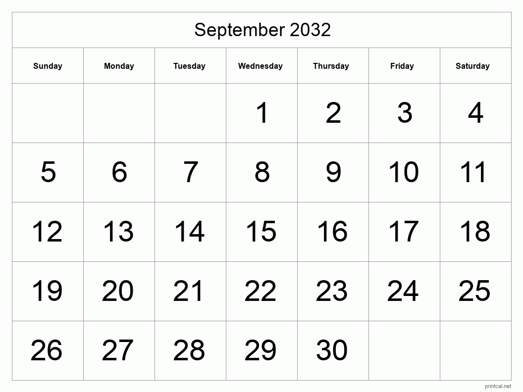 September 2032 Printable Calendar - Big Dates