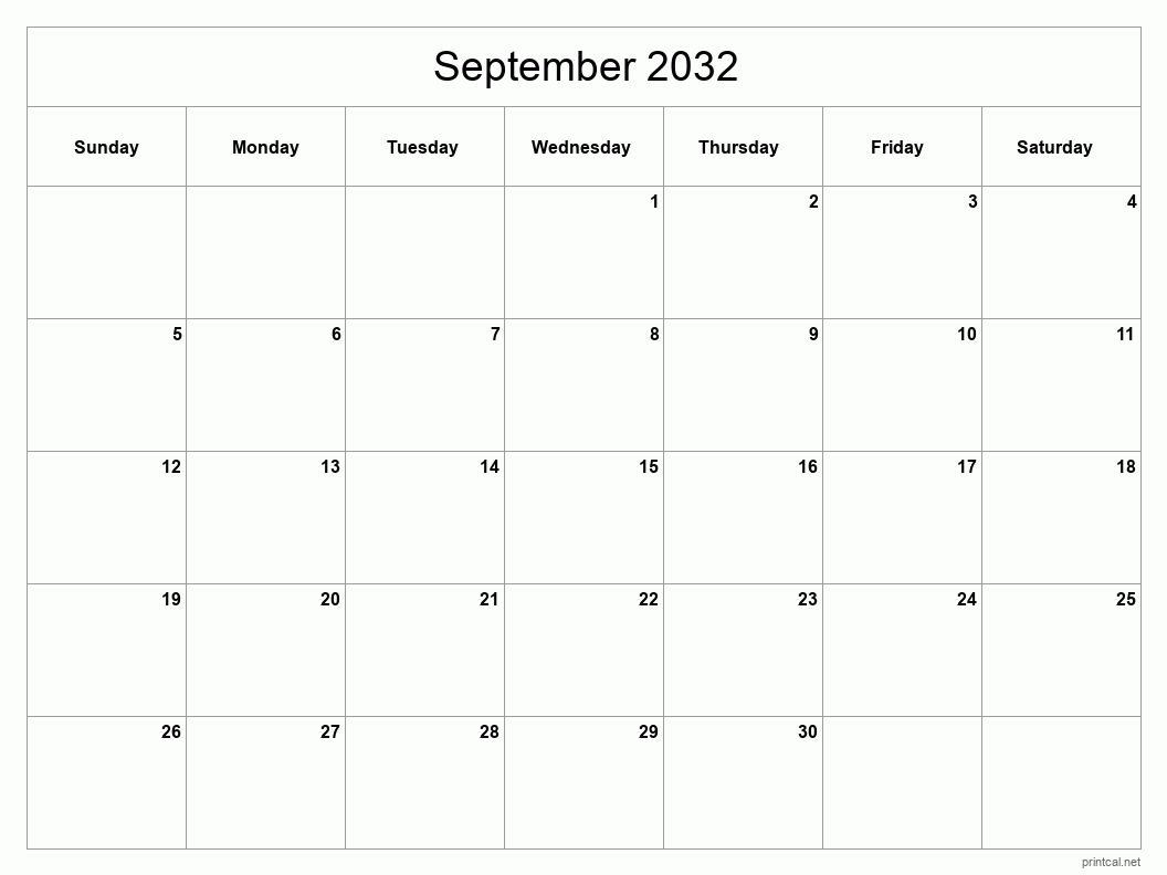 September 2032 Printable Calendar - Classic Blank Sheet