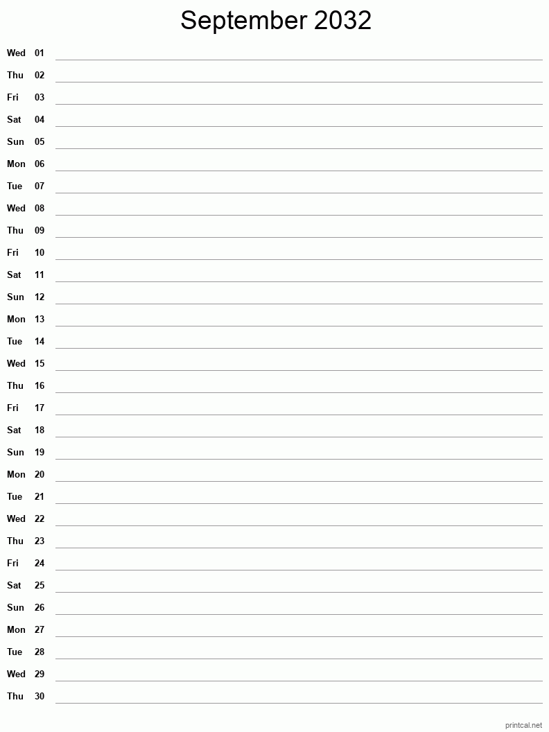 September 2032 Printable Calendar - Single Column Notesheet