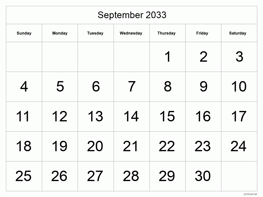 September 2033 Printable Calendar - Big Dates