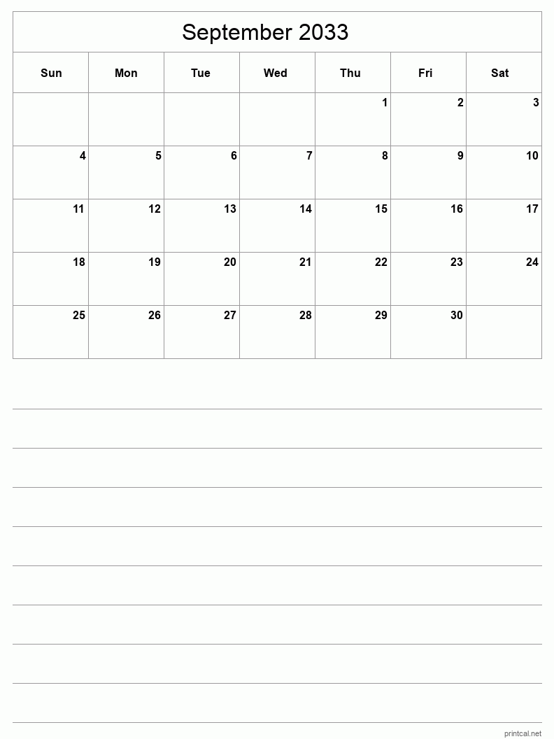 September 2033 Printable Calendar - Half-Page With Notesheet
