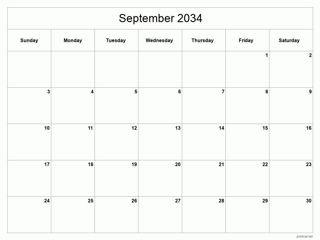 September 2034 Printable Calendar - Classic Blank Sheet