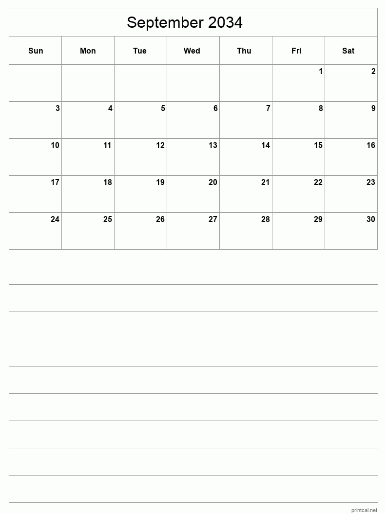 September 2034 Printable Calendar - Half-Page With Notesheet
