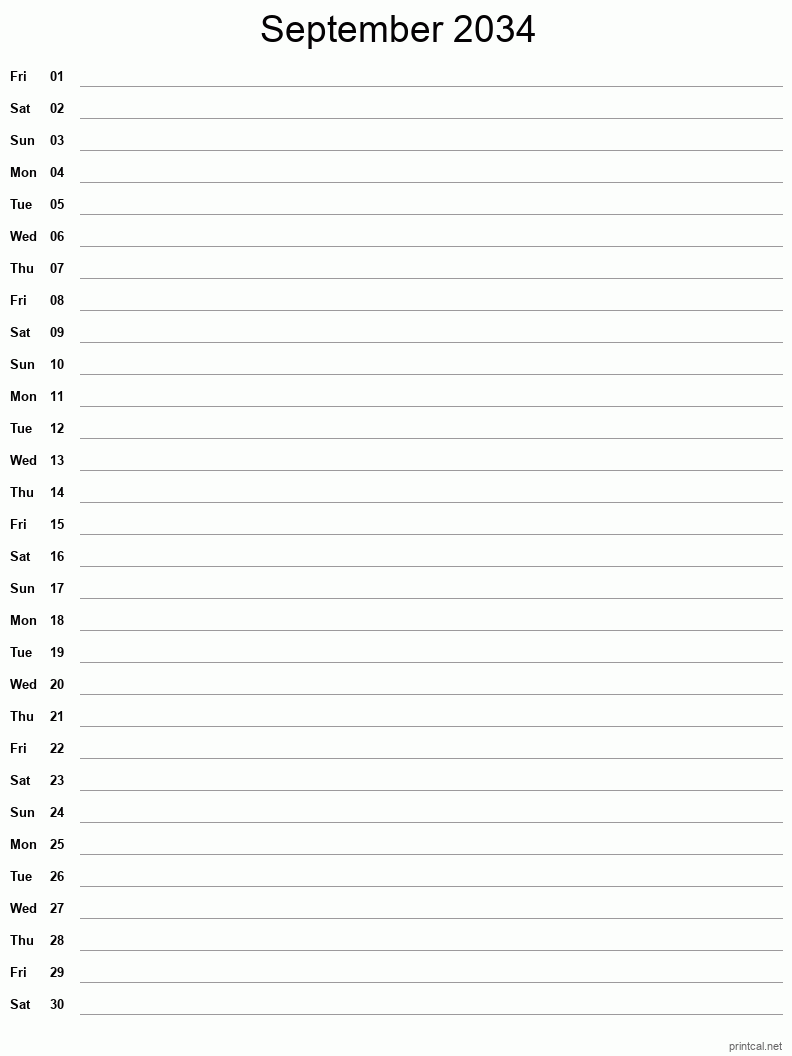 September 2034 Printable Calendar - Single Column Notesheet