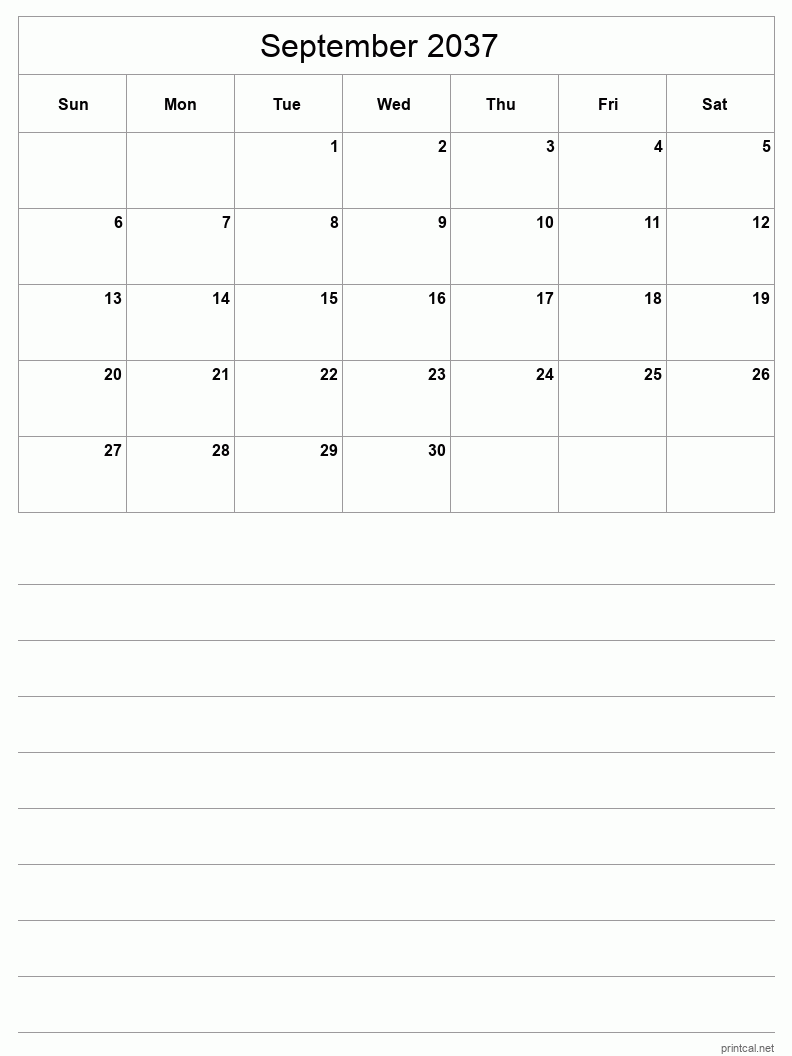 September 2037 Printable Calendar - Half-Page With Notesheet