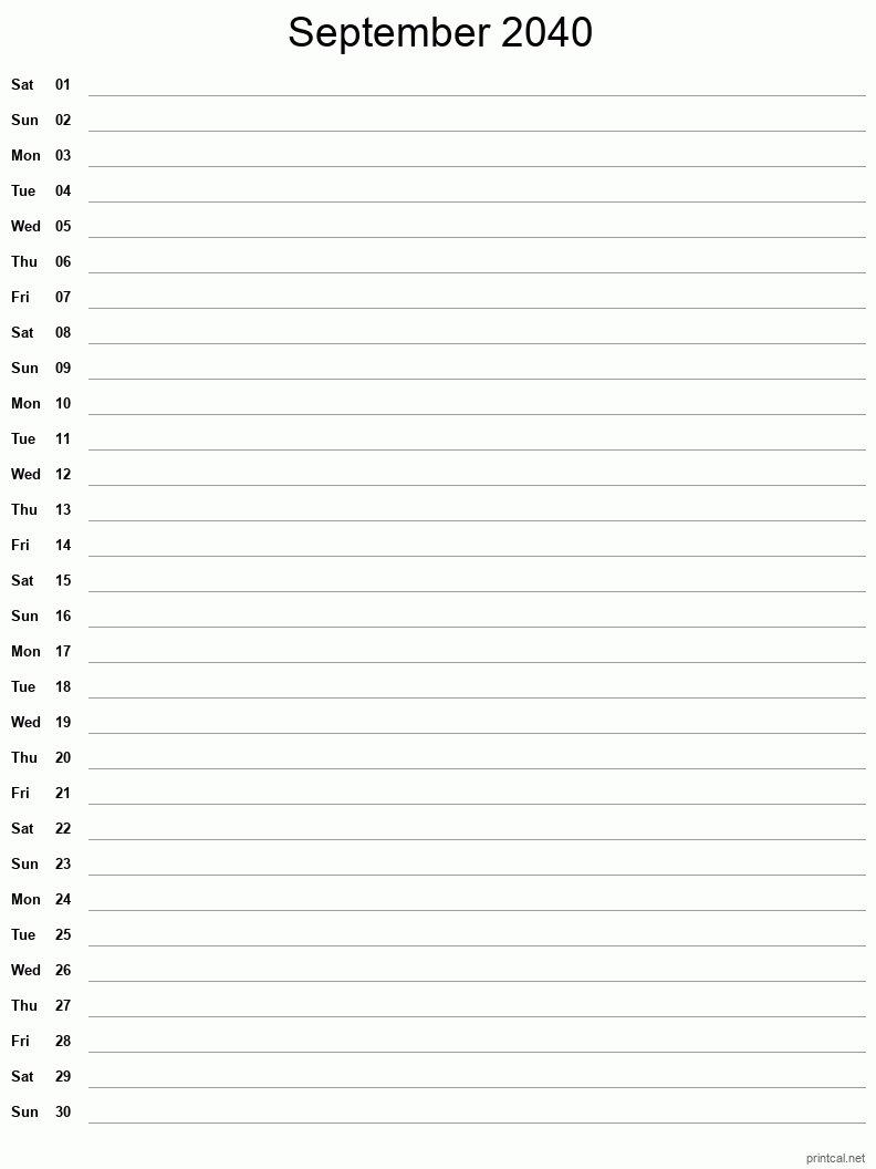 September 2040 Printable Calendar - Single Column Notesheet