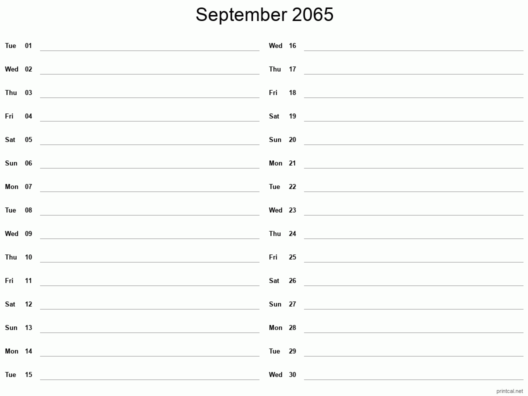 September 2065 Printable Calendar - Two Column Notesheet