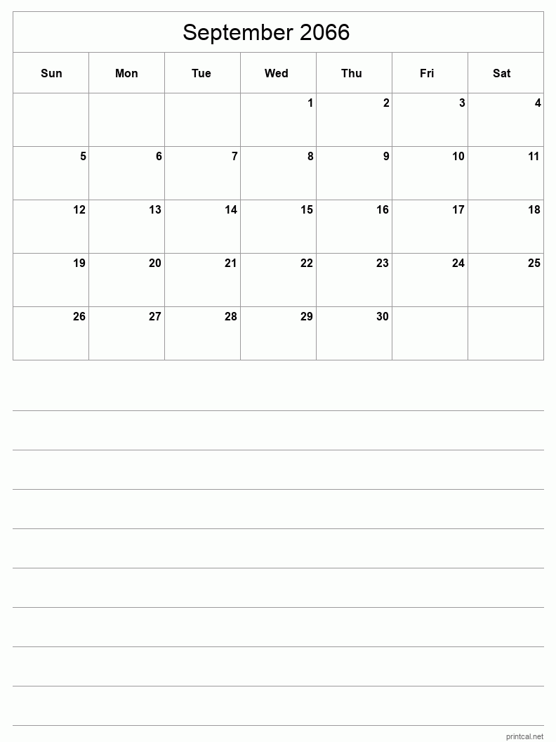 September 2066 Printable Calendar - Half-Page With Notesheet