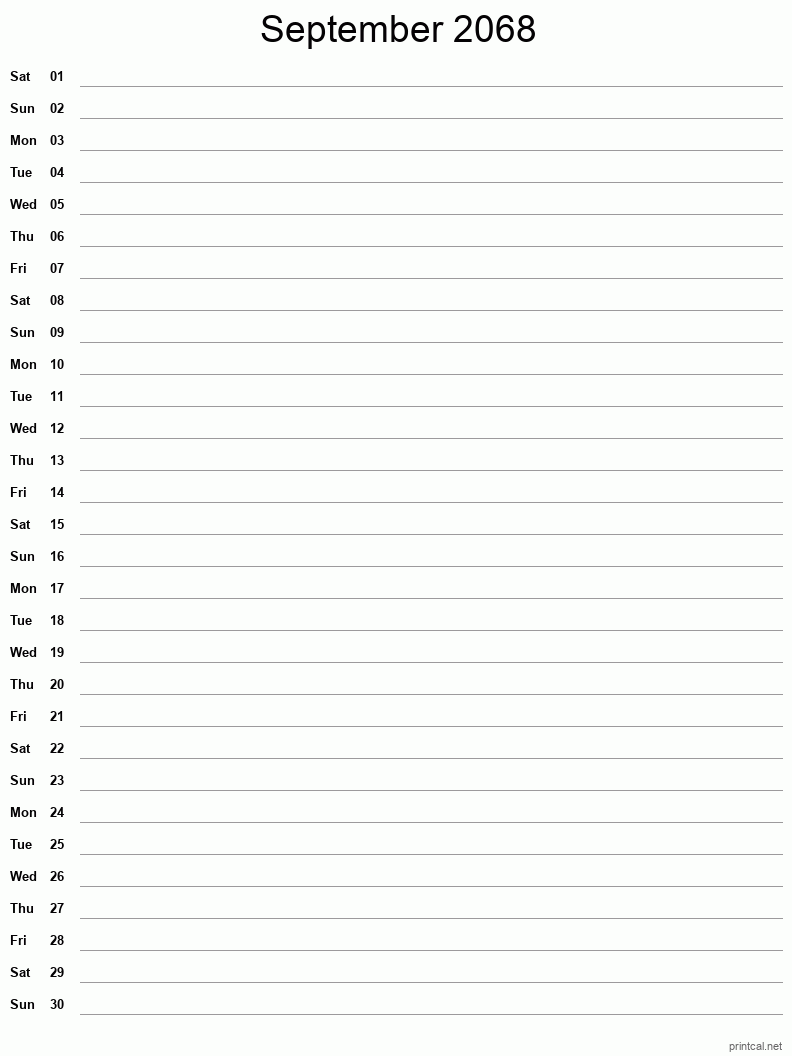 September 2068 Printable Calendar - Single Column Notesheet