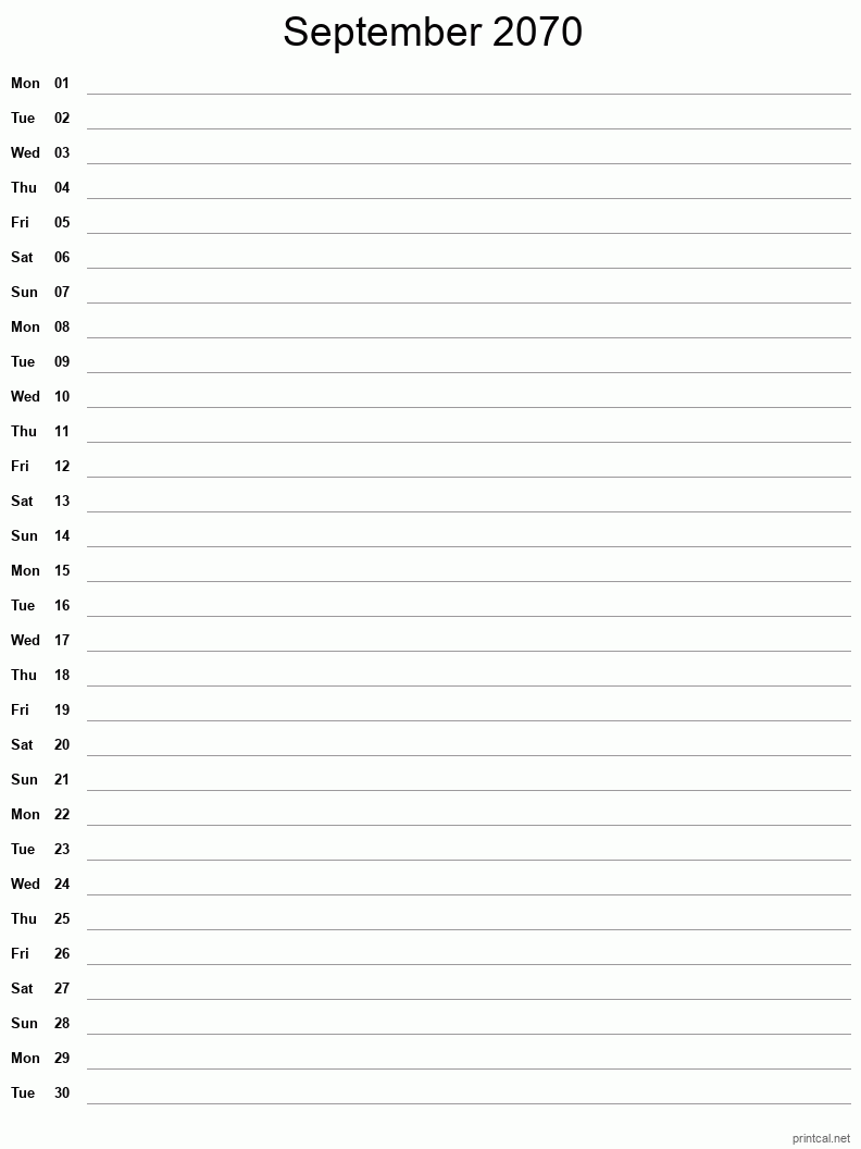 September 2070 Printable Calendar - Single Column Notesheet