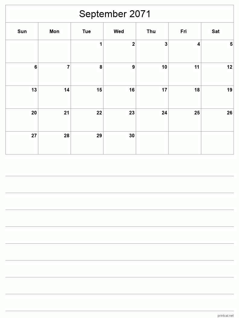 September 2071 Printable Calendar - Half-Page With Notesheet