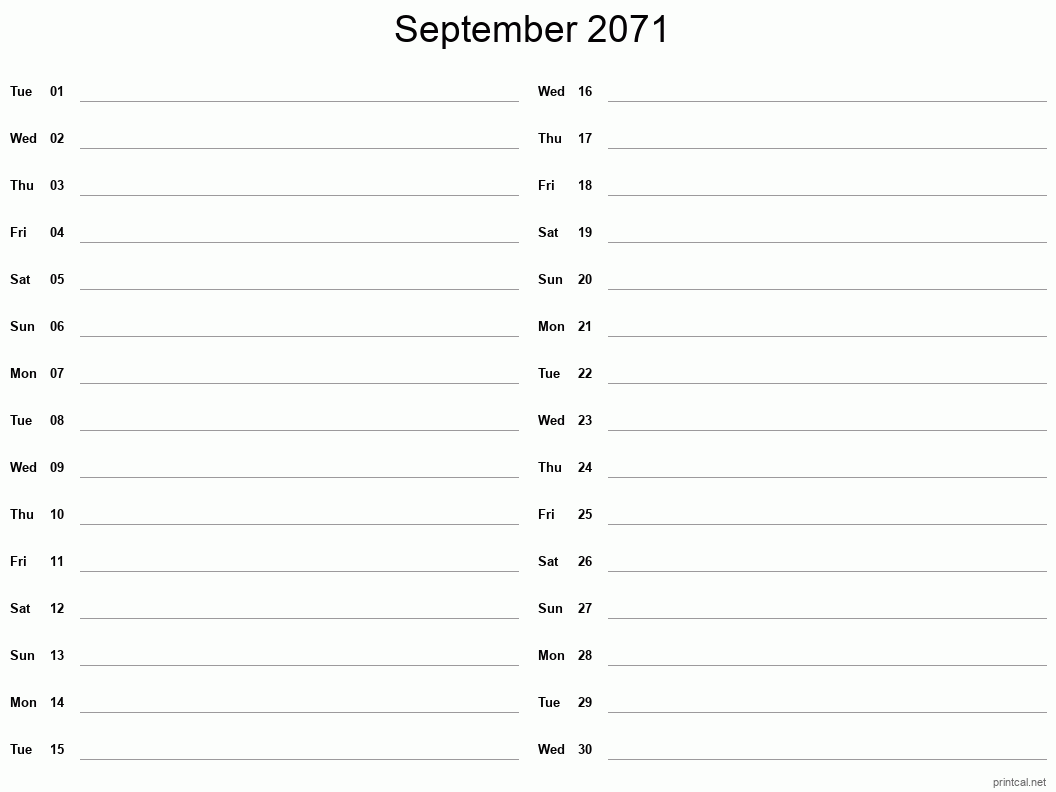 September 2071 Printable Calendar - Two Column Notesheet