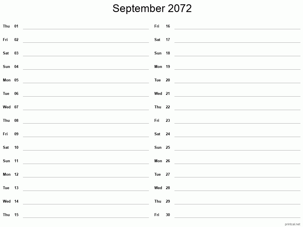 September 2072 Printable Calendar - Two Column Notesheet