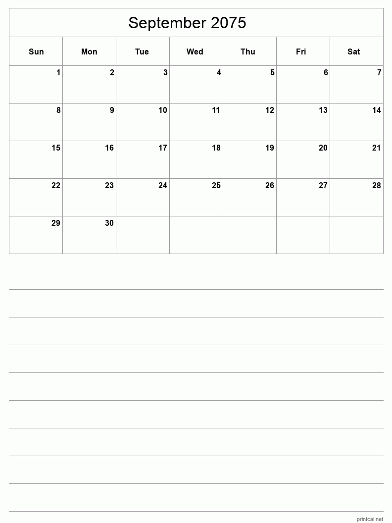 September 2075 Printable Calendar - Half-Page With Notesheet