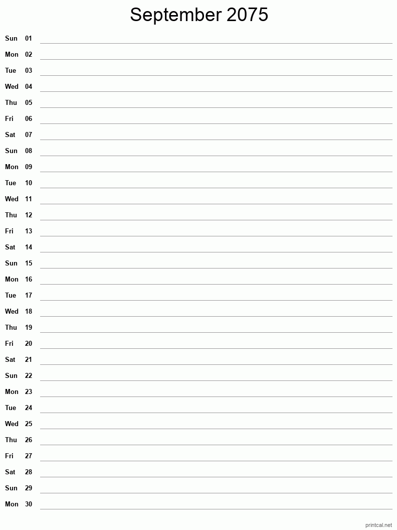 September 2075 Printable Calendar - Single Column Notesheet