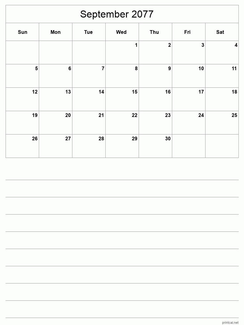 September 2077 Printable Calendar - Half-Page With Notesheet