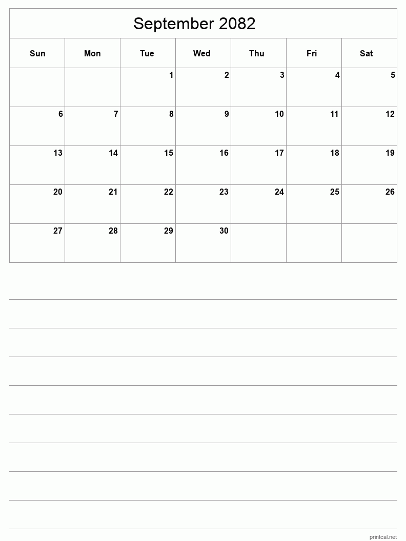 September 2082 Printable Calendar - Half-Page With Notesheet