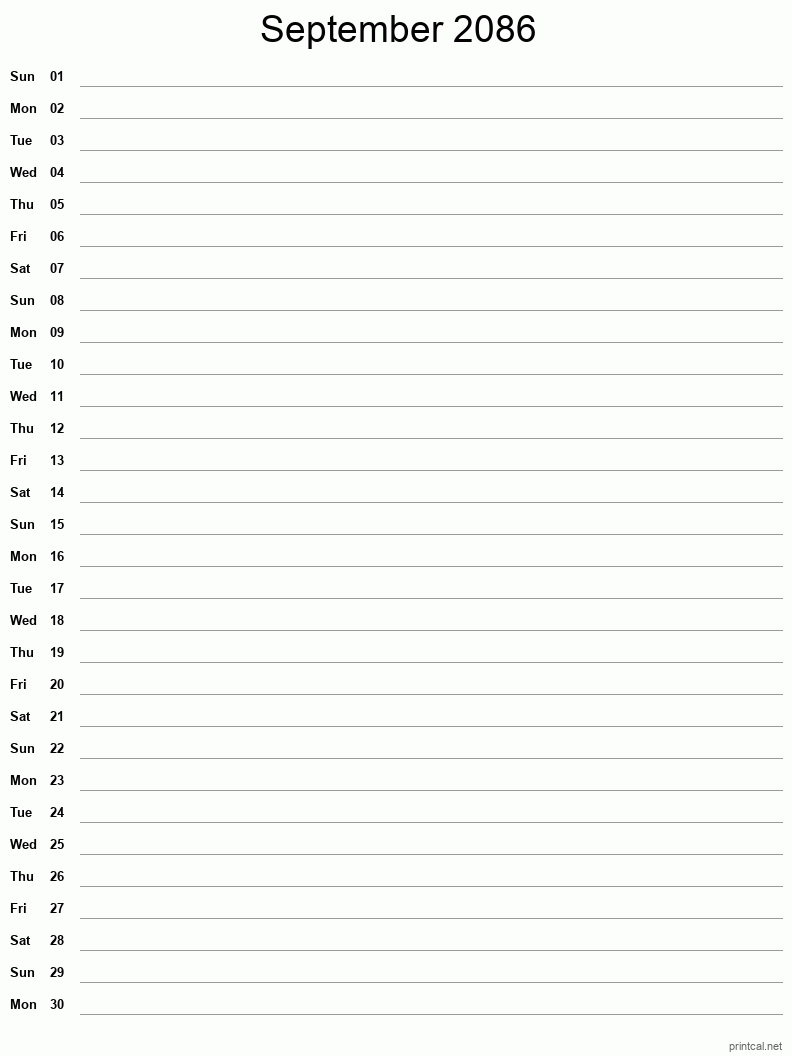 September 2086 Printable Calendar - Single Column Notesheet