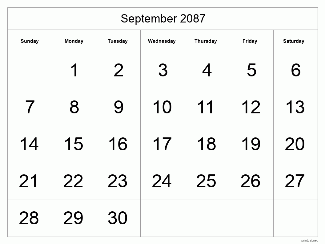 September 2087 Printable Calendar - Big Dates