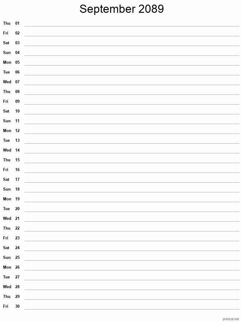 September 2089 Printable Calendar - Single Column Notesheet