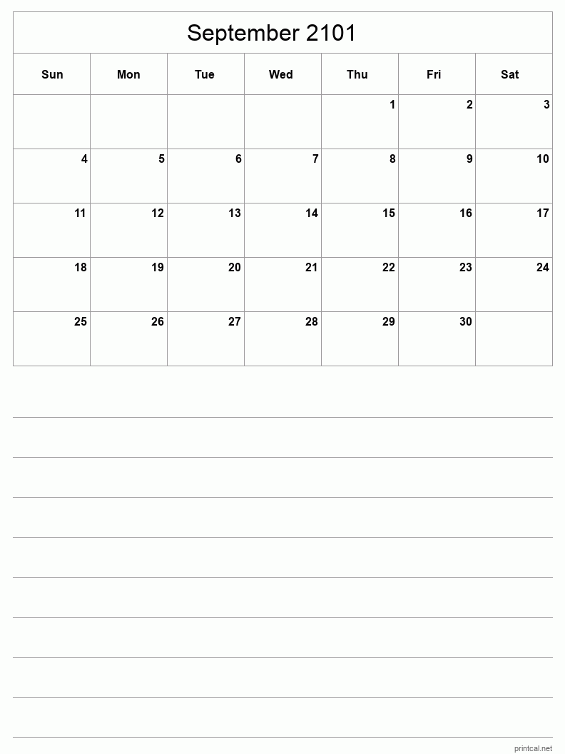 September 2101 Printable Calendar - Half-Page With Notesheet