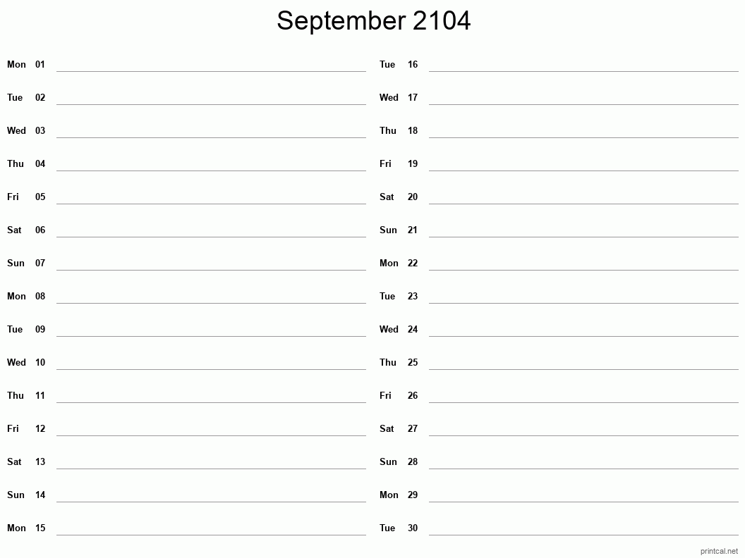 September 2104 Printable Calendar - Two Column Notesheet
