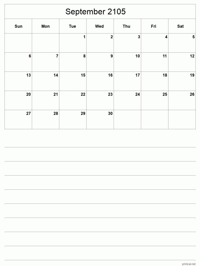 September 2105 Printable Calendar - Half-Page With Notesheet