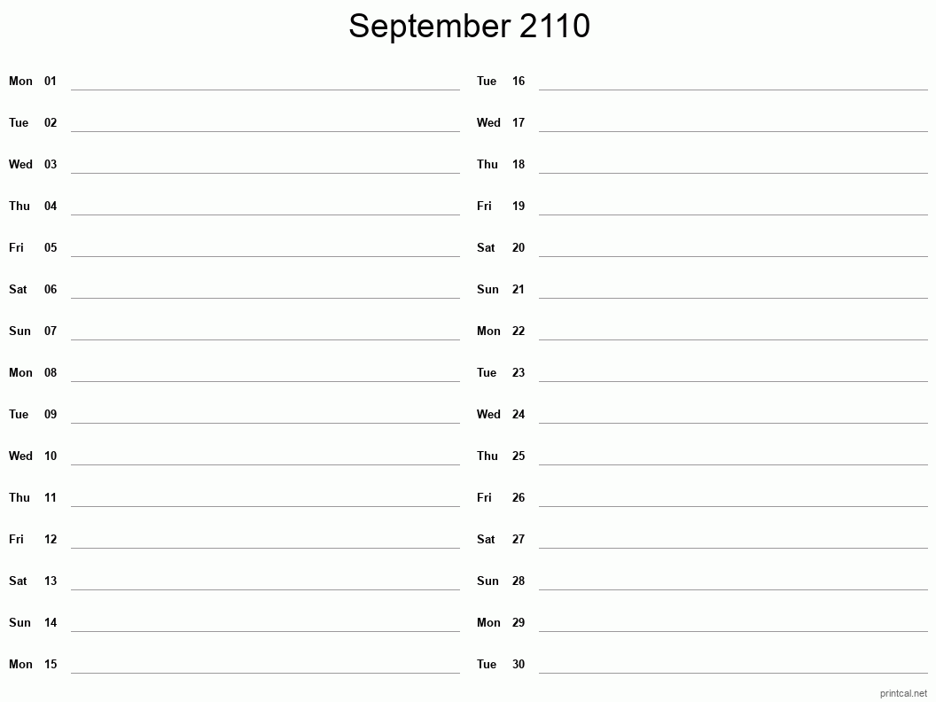 September 2110 Printable Calendar - Two Column Notesheet