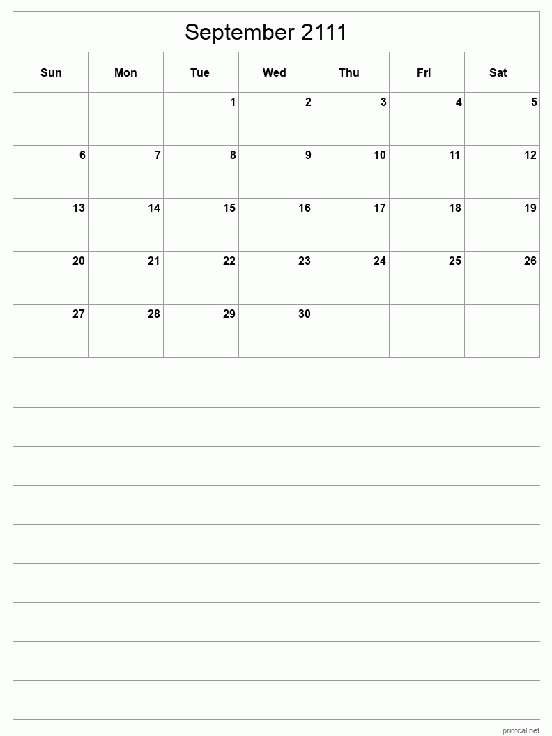 September 2111 Printable Calendar - Half-Page With Notesheet