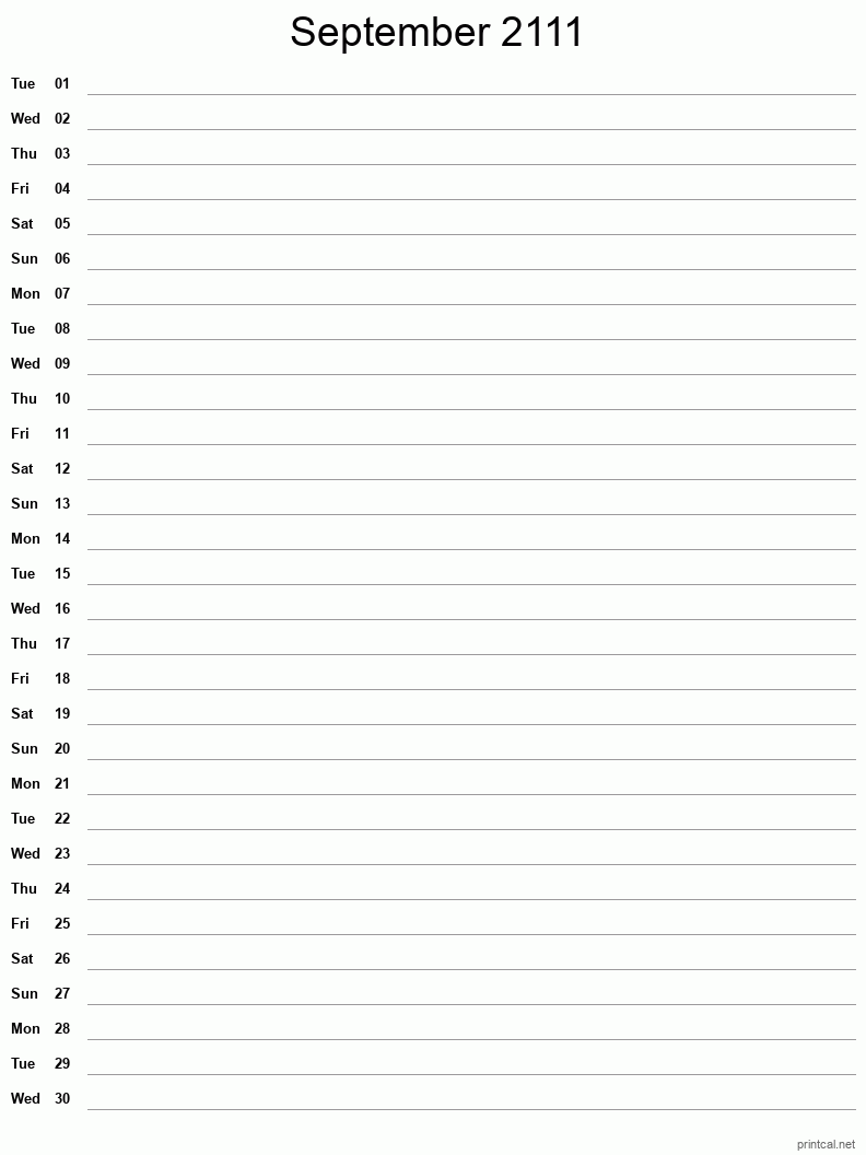 September 2111 Printable Calendar - Single Column Notesheet