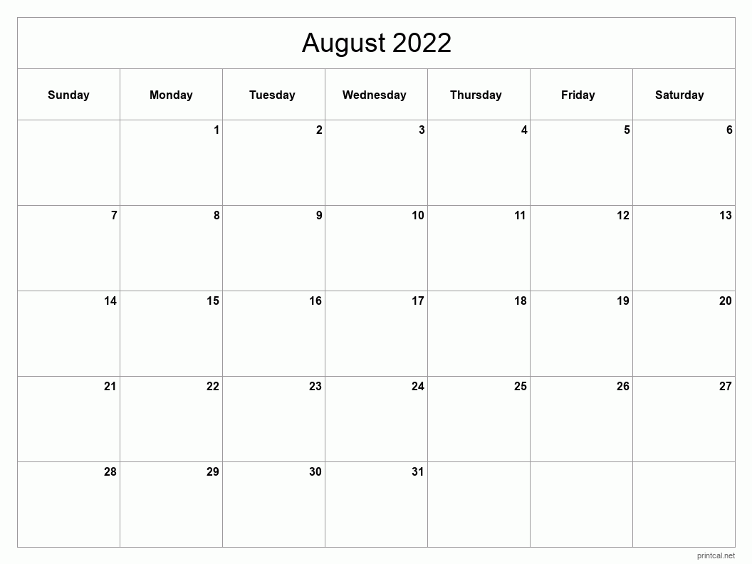 Printable August 2022 Calendar Template 2 (fullpage, blank grid)