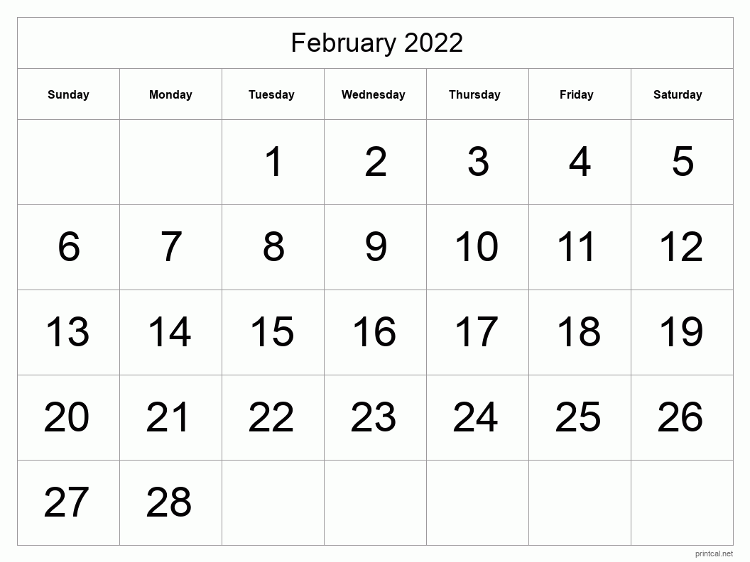 Printable February 2022 Calendar Template 1 Full Page Tabular