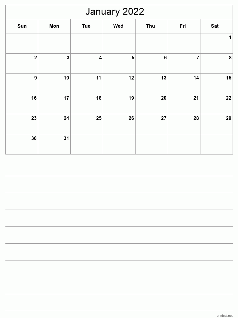 Printable January 2022 Calendar Template 3 Half Page With Notes
