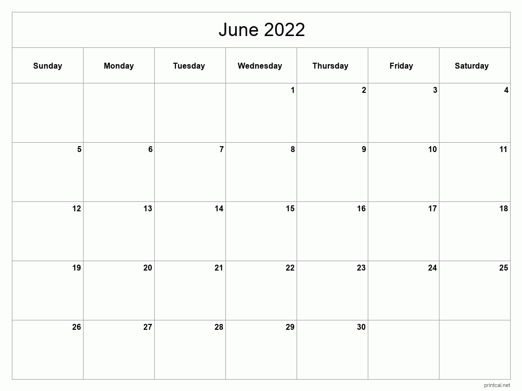 printable june 2022 calendar template 2 full page blank grid