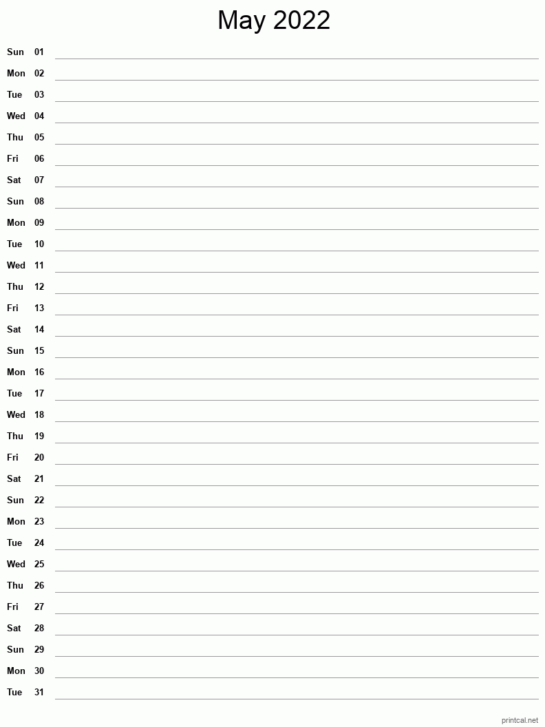 Printable May 2022 Calendar - Template #4 (full-page notes)