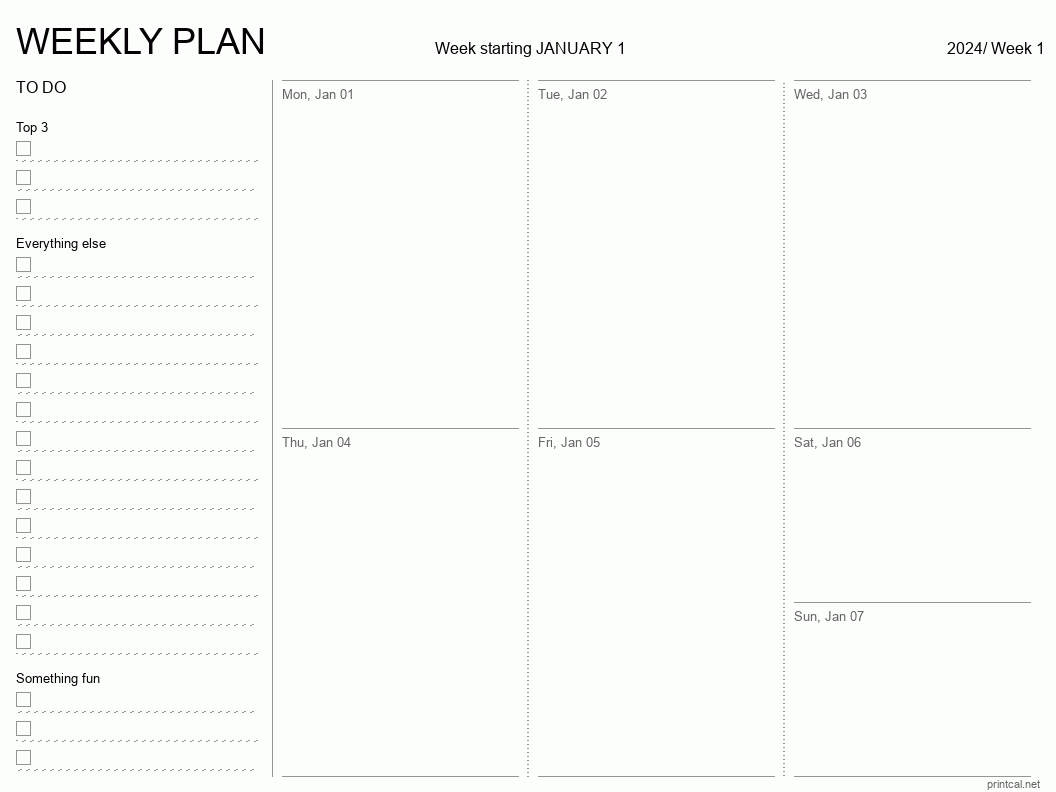 Printable 2024 Weekly Planner | Auto-Filled Date Template